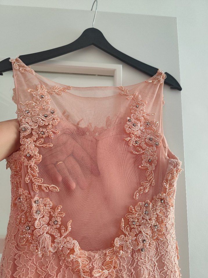 İşlemeli Dantel Somon Uzun Abiye Elbise - Görsel 5