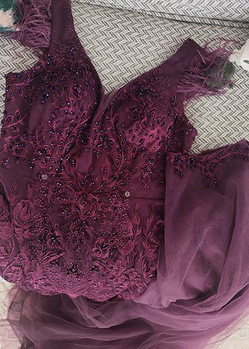 Mor Nakışlı V Yaka Uzun Abiye Elbise - Görsel 5