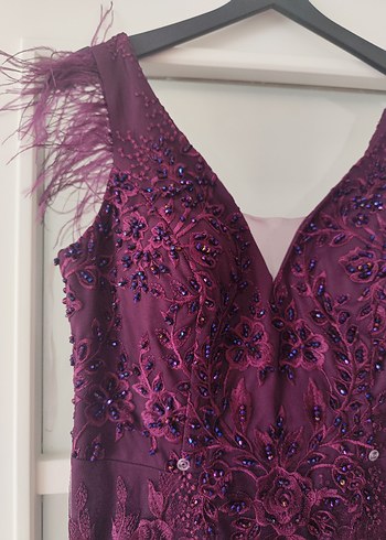 Mor Nakışlı V Yaka Uzun Abiye Elbise - Görsel 3
