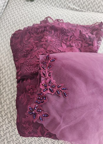 Mor Nakışlı V Yaka Uzun Abiye Elbise - Görsel 6