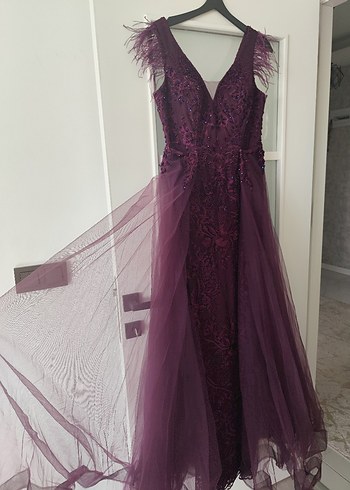 Mor Nakışlı V Yaka Uzun Abiye Elbise - Görsel 4