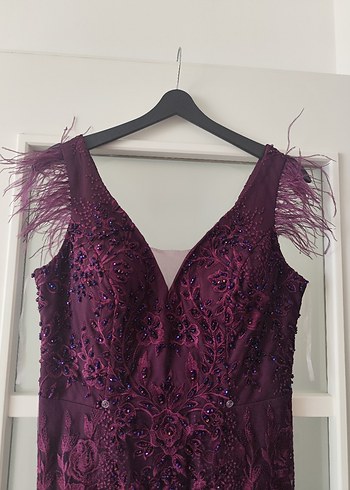 Mor Nakışlı V Yaka Uzun Abiye Elbise - Görsel 7