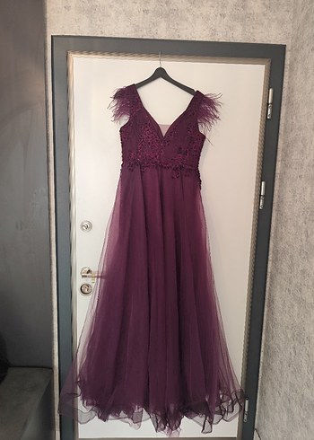 Mor Nakışlı V Yaka Uzun Abiye Elbise - Görsel 8