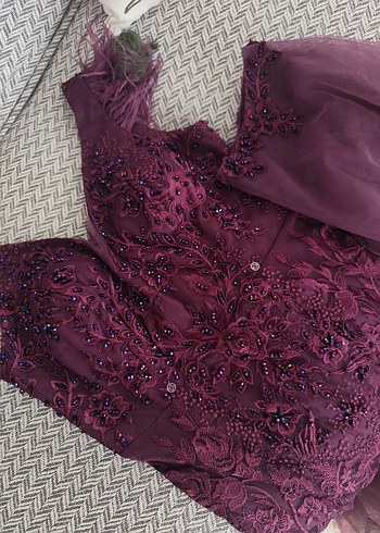 Mor Nakışlı V Yaka Uzun Abiye Elbise - Görsel 9