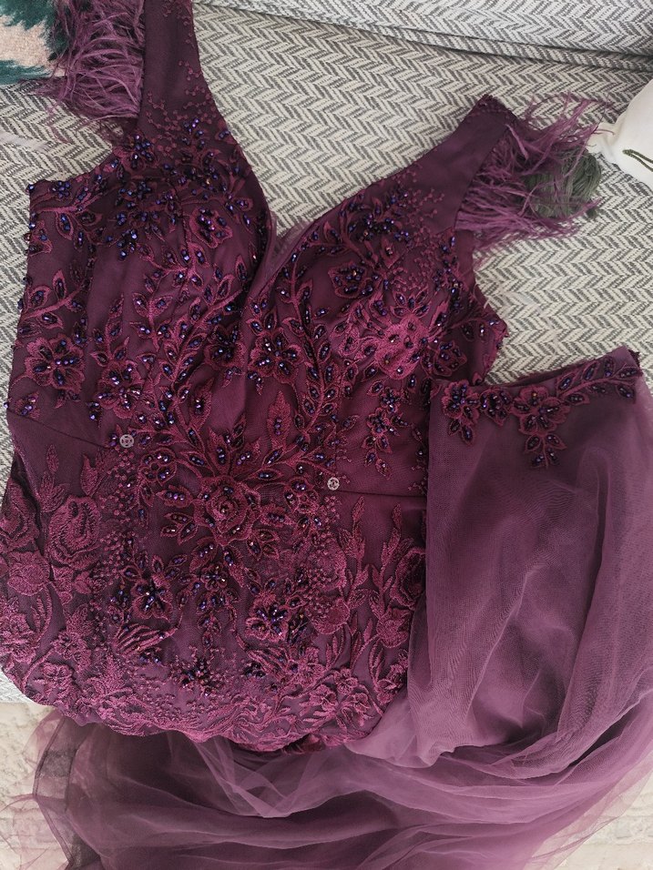 Mor Nakışlı V Yaka Uzun Abiye Elbise - Görsel 5