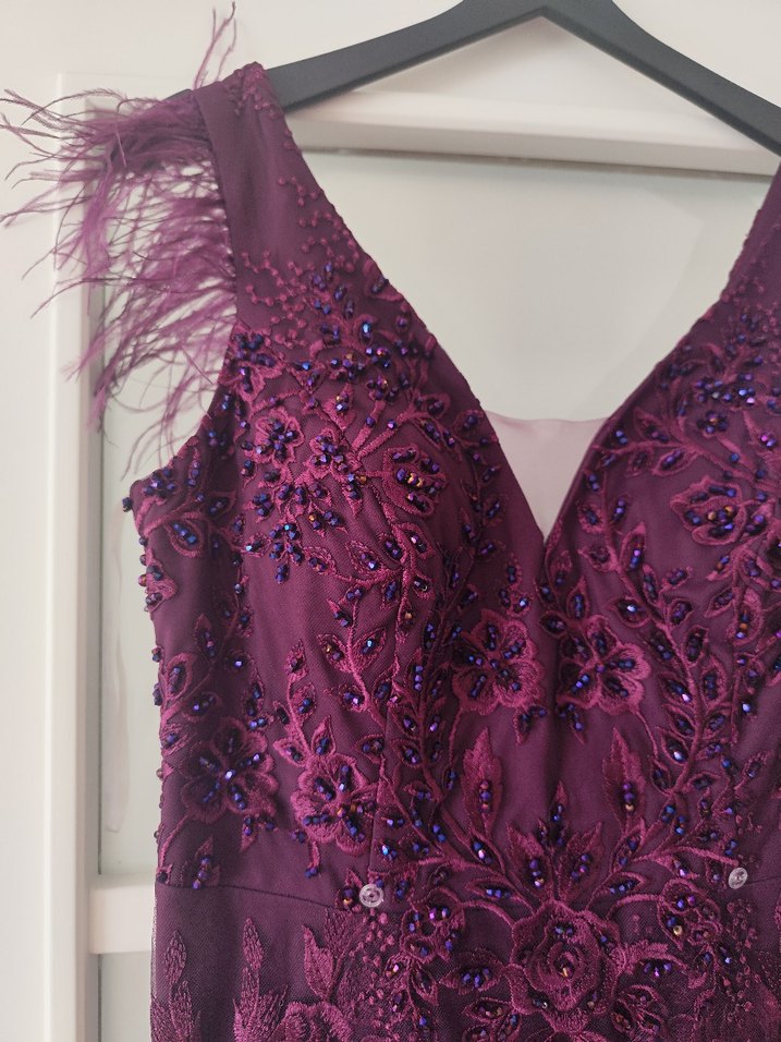 Mor Nakışlı V Yaka Uzun Abiye Elbise - Görsel 3
