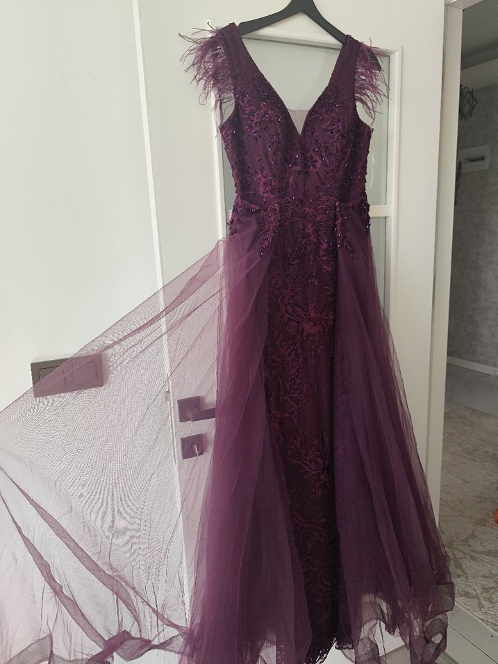 Mor Nakışlı V Yaka Uzun Abiye Elbise - Görsel 4