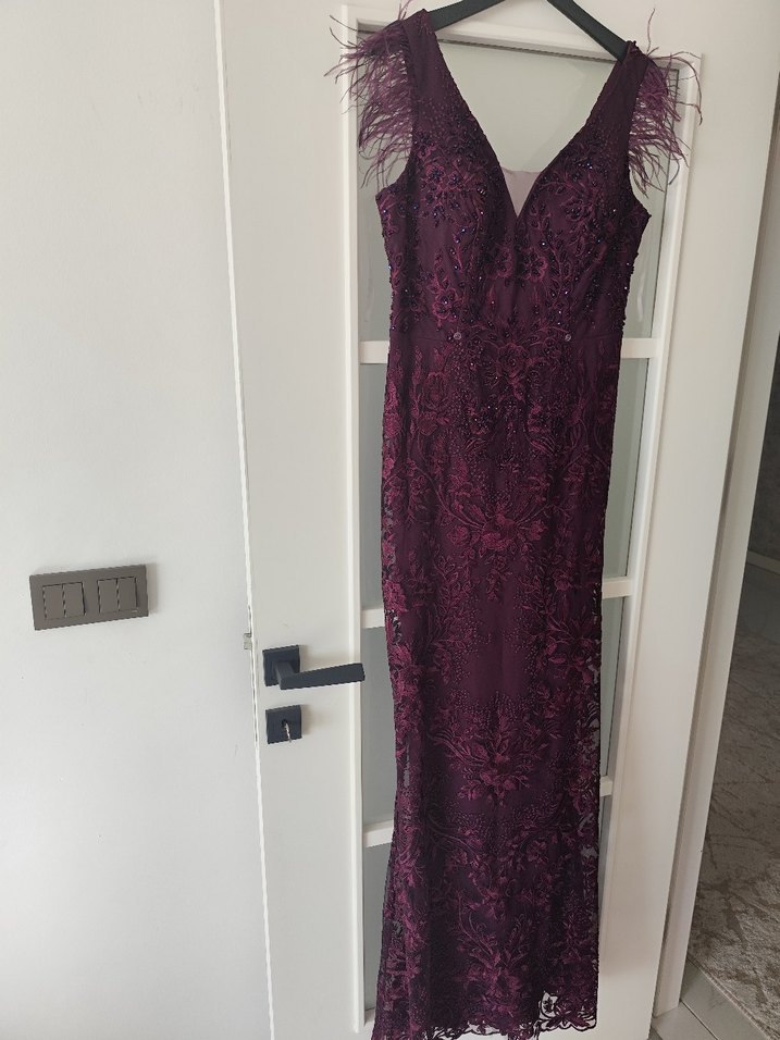 Mor Nakışlı V Yaka Uzun Abiye Elbise - Görsel 2