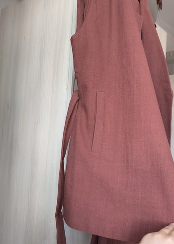 Kemerli Bej Keten Uzun Kadın Yelekli Takım - Görsel 3