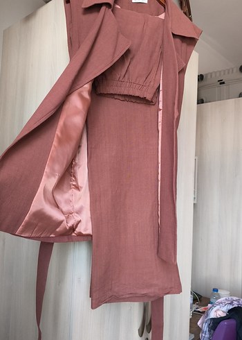 Kemerli Bej Keten Uzun Kadın Yelekli Takım - Görsel 2