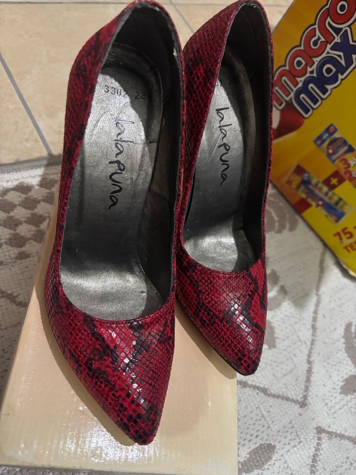 Kırmızı Yılan Desenli Yüksek Topuklu Stiletto - Görsel 2