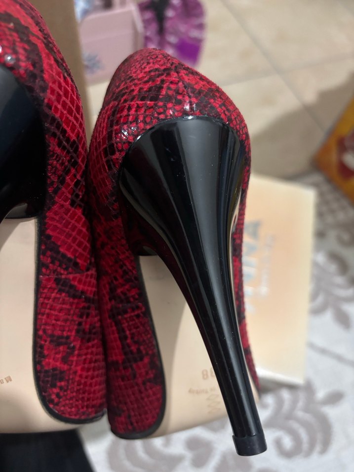 Kırmızı Yılan Desenli Yüksek Topuklu Stiletto - Görsel 5