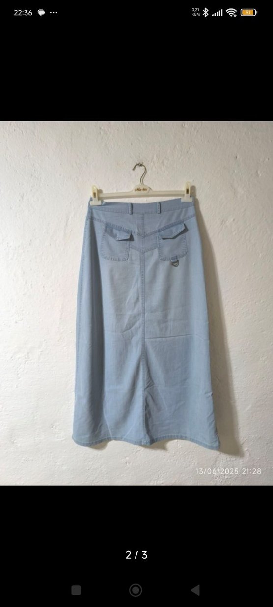 Mavi Midi Kot Etek, Kemerli, Rahat Kesim - Görsel 2