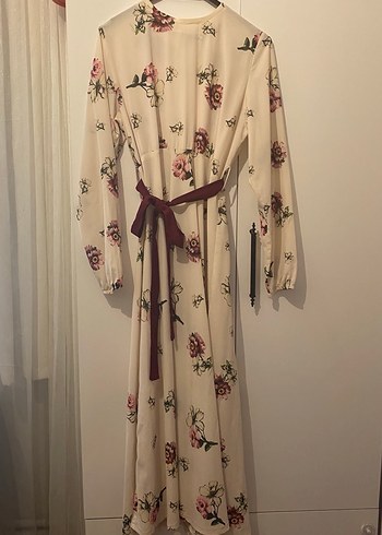 Bordo Kuşaklı Çiçek Desenli Uzun Bohem Elbise - Görsel 3