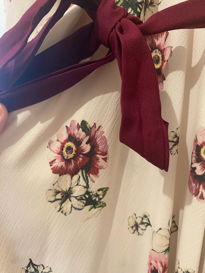 Bordo Kuşaklı Çiçek Desenli Uzun Bohem Elbise - Görsel 4