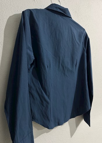 Düğmeli Lacivert Belden Tam Oturtmalı Kadın Gömlek - Görsel 3