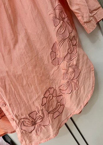 Pembe Keten Uzun Düğmeli gömlek - Görsel 2