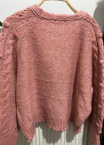 Pembe Örgü V Yaka Kadın Hırka - Görsel 4