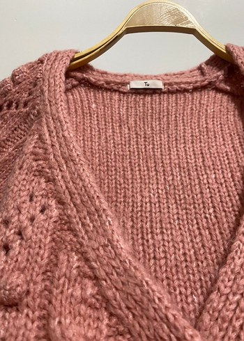 Pembe Örgü V Yaka Kadın Hırka - Görsel 6