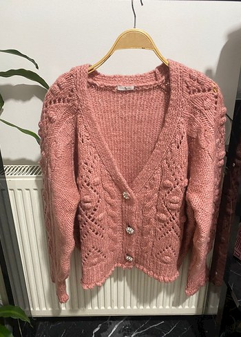 Pembe Örgü V Yaka Kadın Hırka - Görsel 3