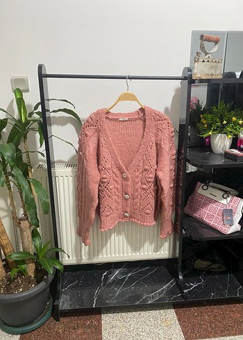 Pembe Örgü V Yaka Kadın Hırka - Görsel 2