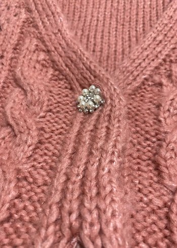 Pembe Örgü V Yaka Kadın Hırka - Görsel 8