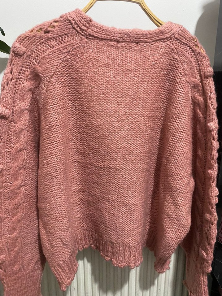 Pembe Örgü V Yaka Kadın Hırka - Görsel 4