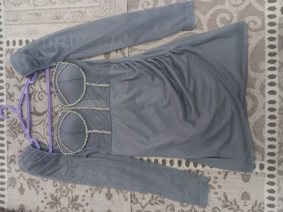 Gri kristal taşlı kısa gece elbisesi - Görsel 2