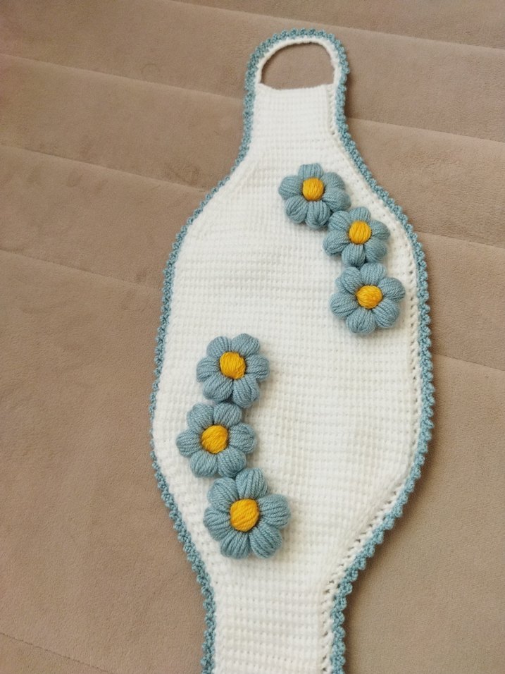 Çiçek Detaylı Örgü Beyaz Banyo uzun Tunus işi lif - Görsel 4