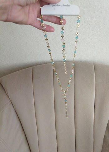 Uzun Zincir Detaylı y kolye bileklik Turkuaz bohem takı seti - Görsel 5