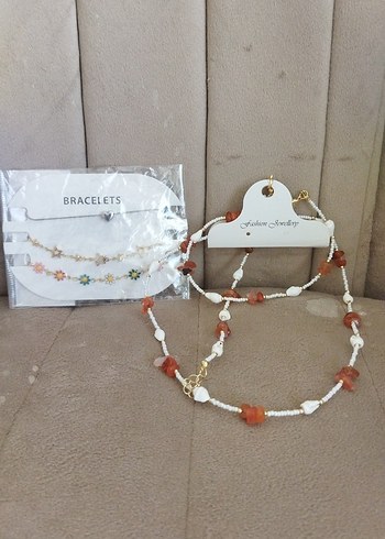 Uzun Beyaz Boncuklu Bohem Kolye seti halhal bileklik kolye - Görsel 4