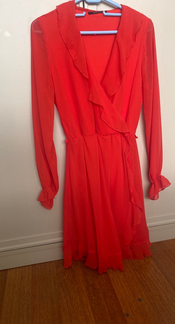 Kırmızı Midi Drapeli Kadın Elbise - Görsel 3