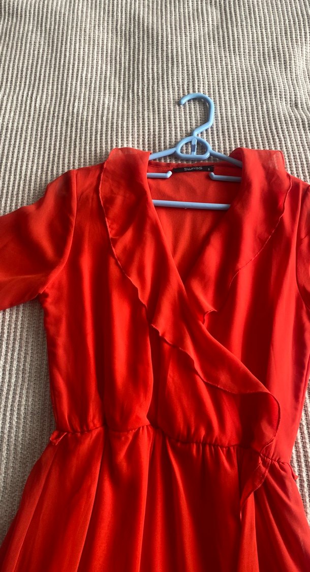 Kırmızı Midi Drapeli Kadın Elbise - Görsel 2