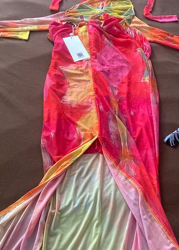 Renkli Bağlamalı Uzun Drapeli Elbise - Görsel 3