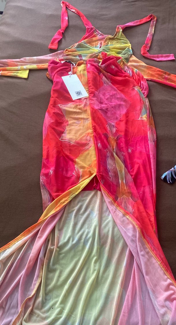 Renkli Bağlamalı Uzun Drapeli Elbise - Görsel 3