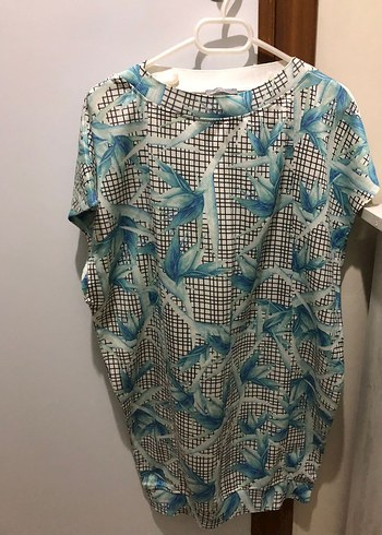 Turkuaz Desenli Kısa Kollu Rahat mini elbise - Görsel 5