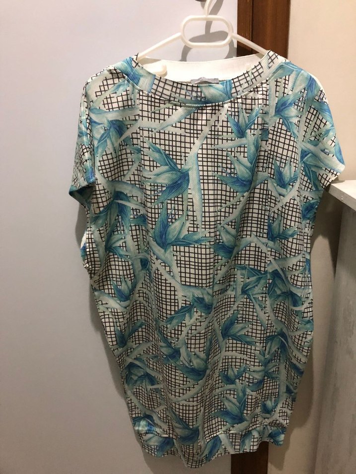 Turkuaz Desenli Kısa Kollu Rahat mini elbise - Görsel 5