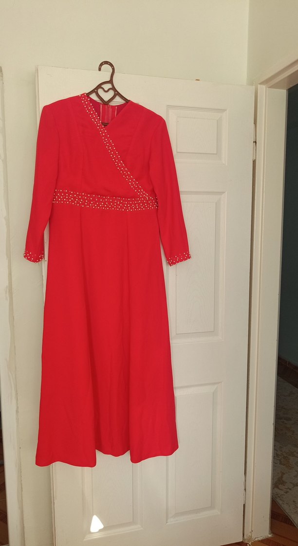 Klasik Elegan Kırmızı Uzun Kadın Elbise - Görsel 2