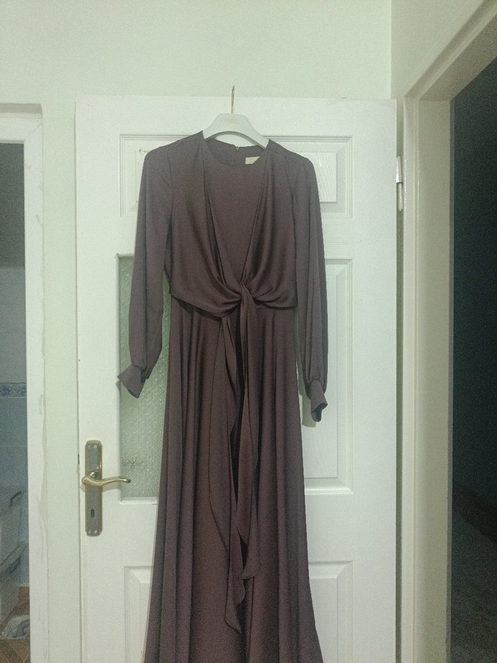 Drapeli Kahverengi Uzun Kollu Kadın Elbise - Görsel 2