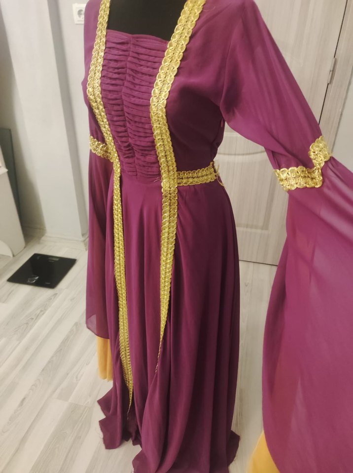 Uzun Mor Drape İşlemeli Kadın Hint Elbisesi - Görsel 4