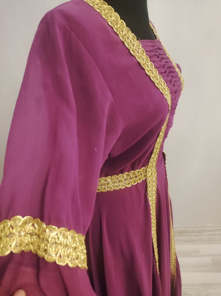 Uzun Mor Drape İşlemeli Kadın Hint Elbisesi - Görsel 3