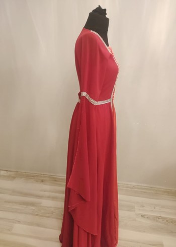 Klasik Zarif Kırmızı Uzun Kol Henna Elbise - Görsel 3