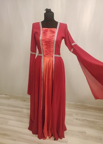 Klasik Zarif Kırmızı Uzun Kol Henna Elbise - Görsel 4