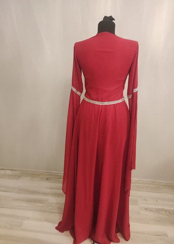 Klasik Zarif Kırmızı Uzun Kol Henna Elbise - Görsel 5