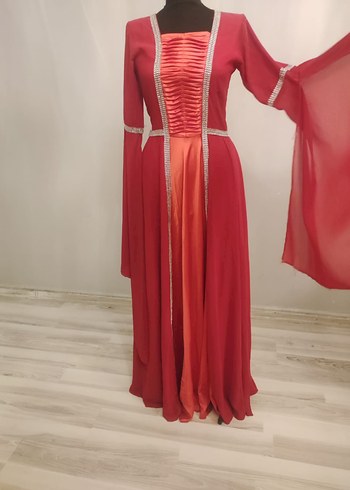 Klasik Zarif Kırmızı Uzun Kol Henna Elbise - Görsel 2