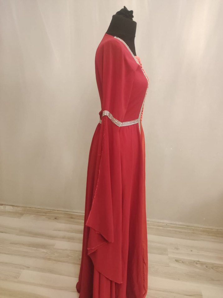 Klasik Zarif Kırmızı Uzun Kol Henna Elbise - Görsel 3