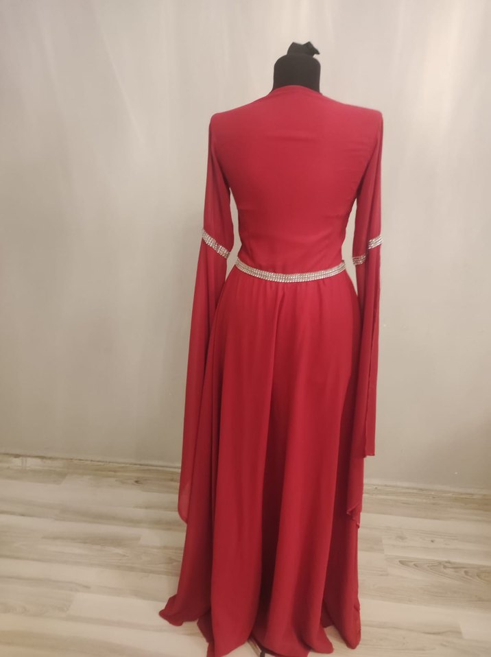 Klasik Zarif Kırmızı Uzun Kol Henna Elbise - Görsel 5