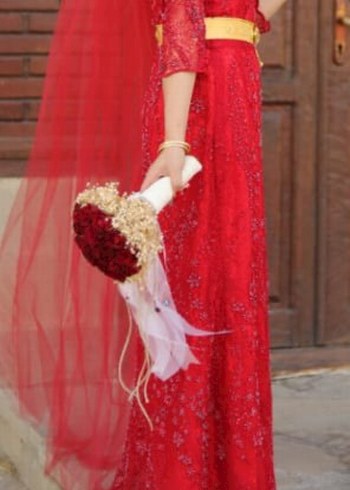 Uzun Kollu Kırmızı Nakışlı Kına Elbisesi - Görsel 5