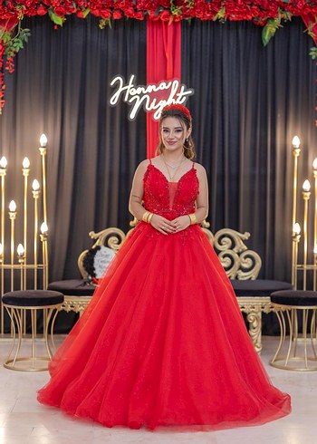 Kırmızı İşlemeli ince askılı kına Elbisesi - Görsel 2