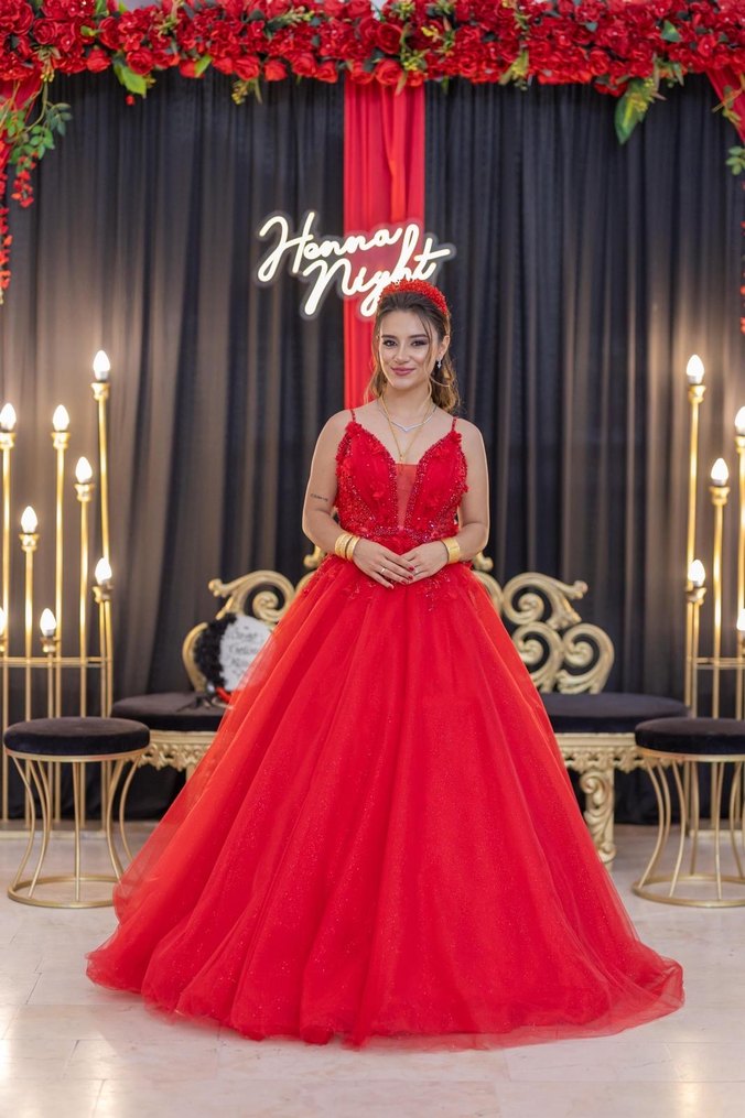 Kırmızı İşlemeli ince askılı kına Elbisesi - Görsel 2